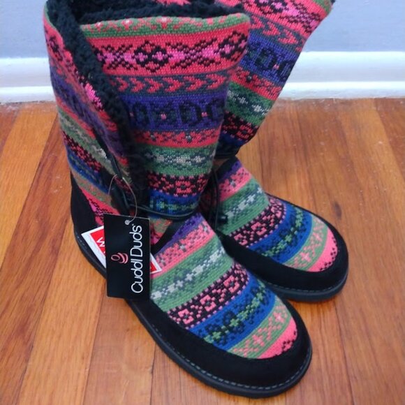 Cuddl Duds Sherpa Lined Slippers Booties NWT 9.5 Wide Fair Isle Multicolor Cozy - Picture 2 of 9